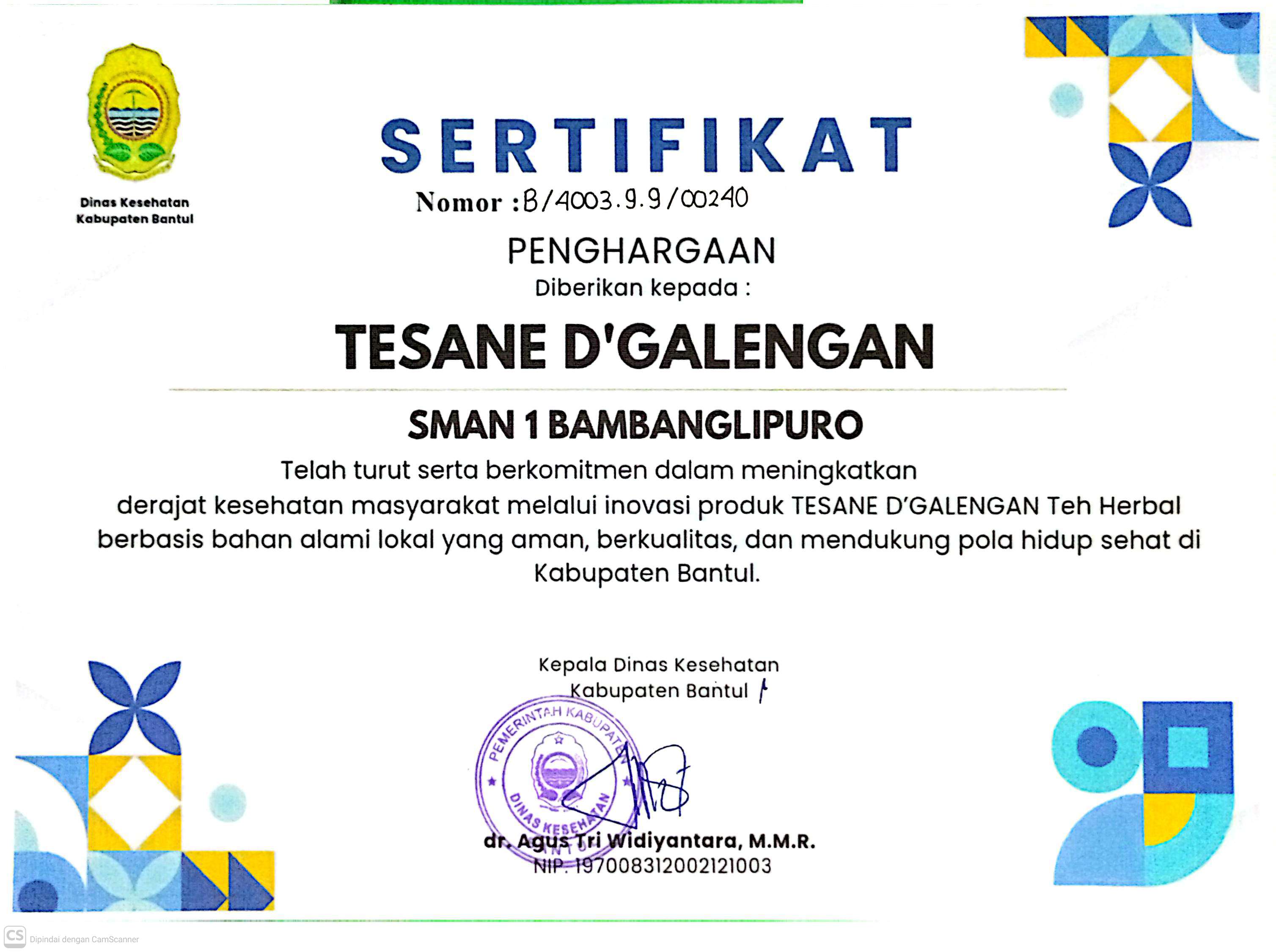 Sertifikat Apresiasi Dinas Kesehatan