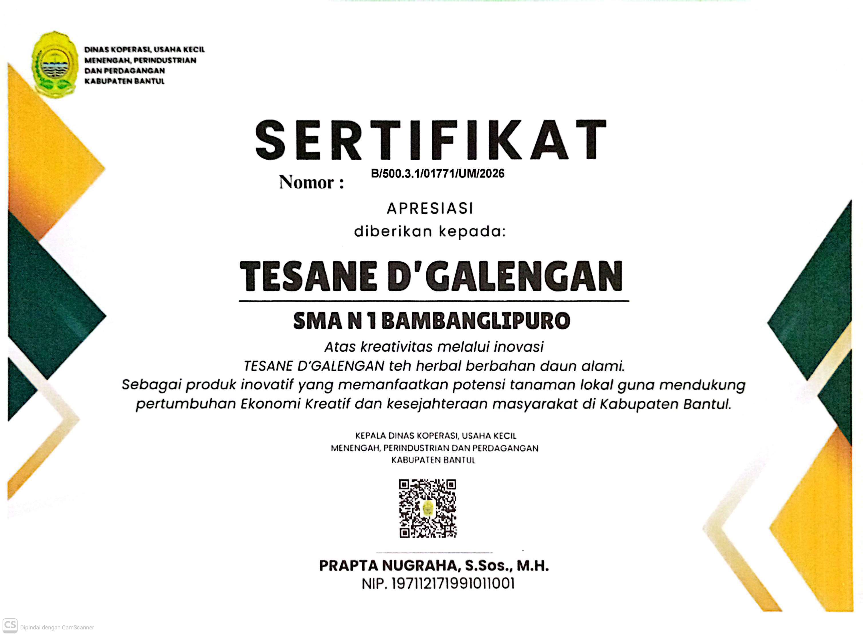 Sertifikat Apresiasi Dinas KUKMPP